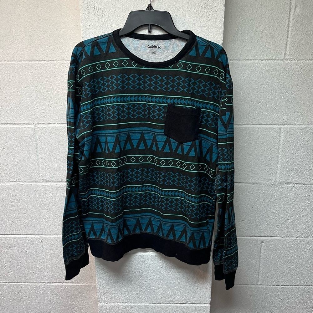 Carbon Men's Teal and Black Geometric Sweater. Size Large